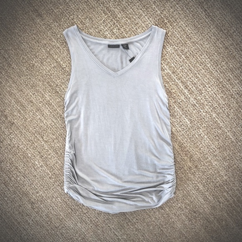 Tahari NWT V-Neck Grey Jersey Tank with Shirred Sides - Picture 2 of 9